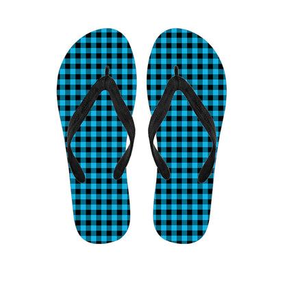 Turquoise And Black Check Pattern Print Flip Flops