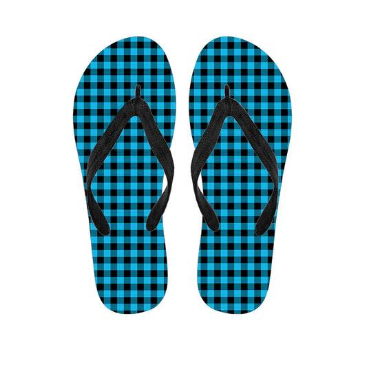 Turquoise And Black Check Pattern Print Flip Flops
