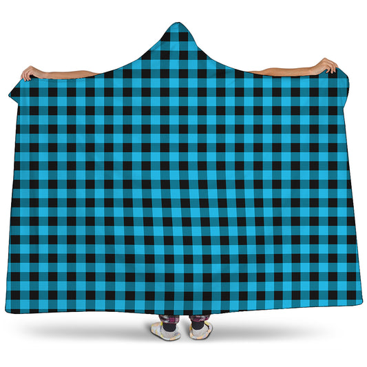 Turquoise And Black Check Pattern Print Hooded Blanket