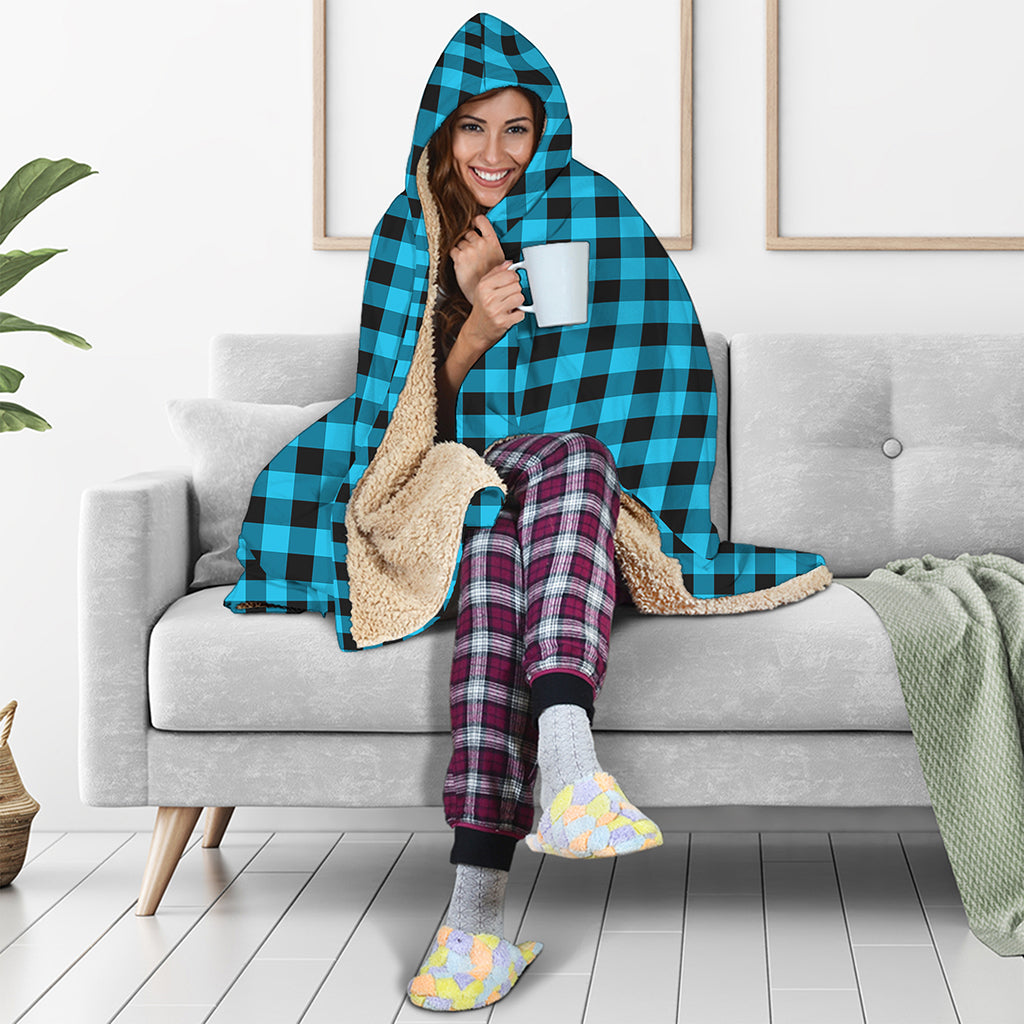 Turquoise And Black Check Pattern Print Hooded Blanket