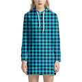 Turquoise And Black Check Pattern Print Pullover Hoodie Dress