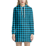 Turquoise And Black Check Pattern Print Hoodie Dress