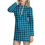 Turquoise And Black Check Pattern Print Hoodie Dress