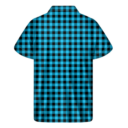Turquoise And Black Check Pattern Print Men's Short Sleeve Shirt