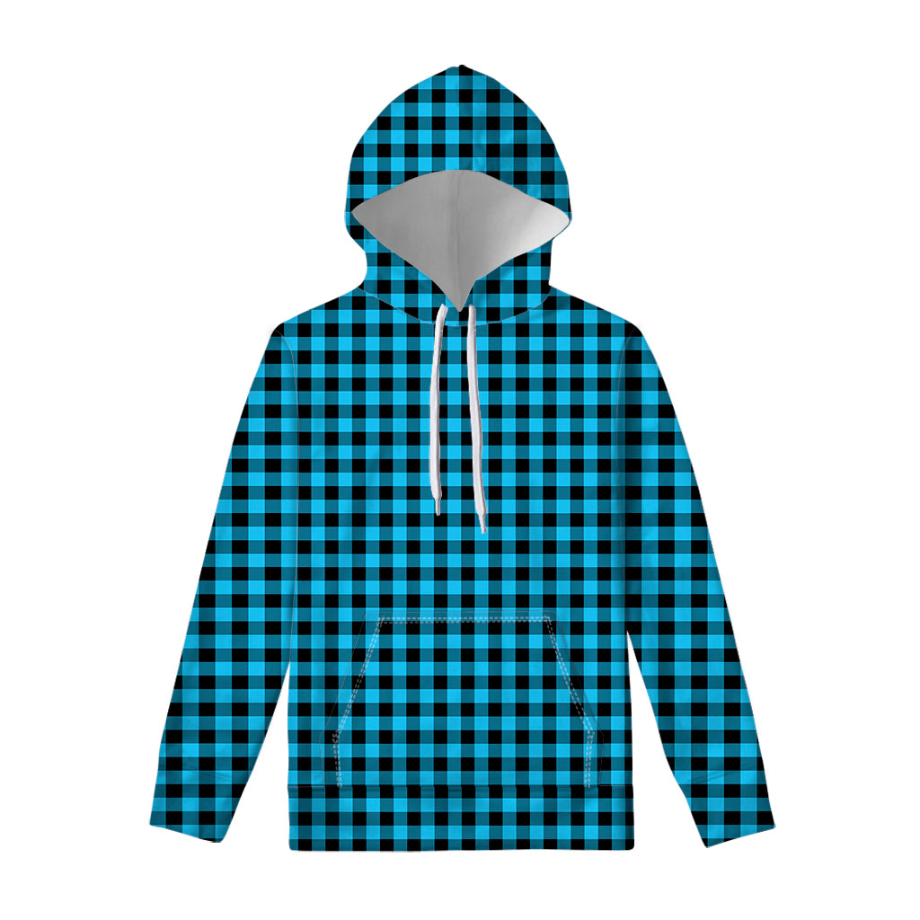 Turquoise And Black Check Pattern Print Pullover Hoodie