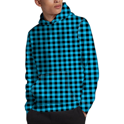 Turquoise And Black Check Pattern Print Pullover Hoodie