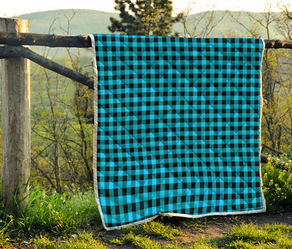 Turquoise And Black Check Pattern Print Quilt