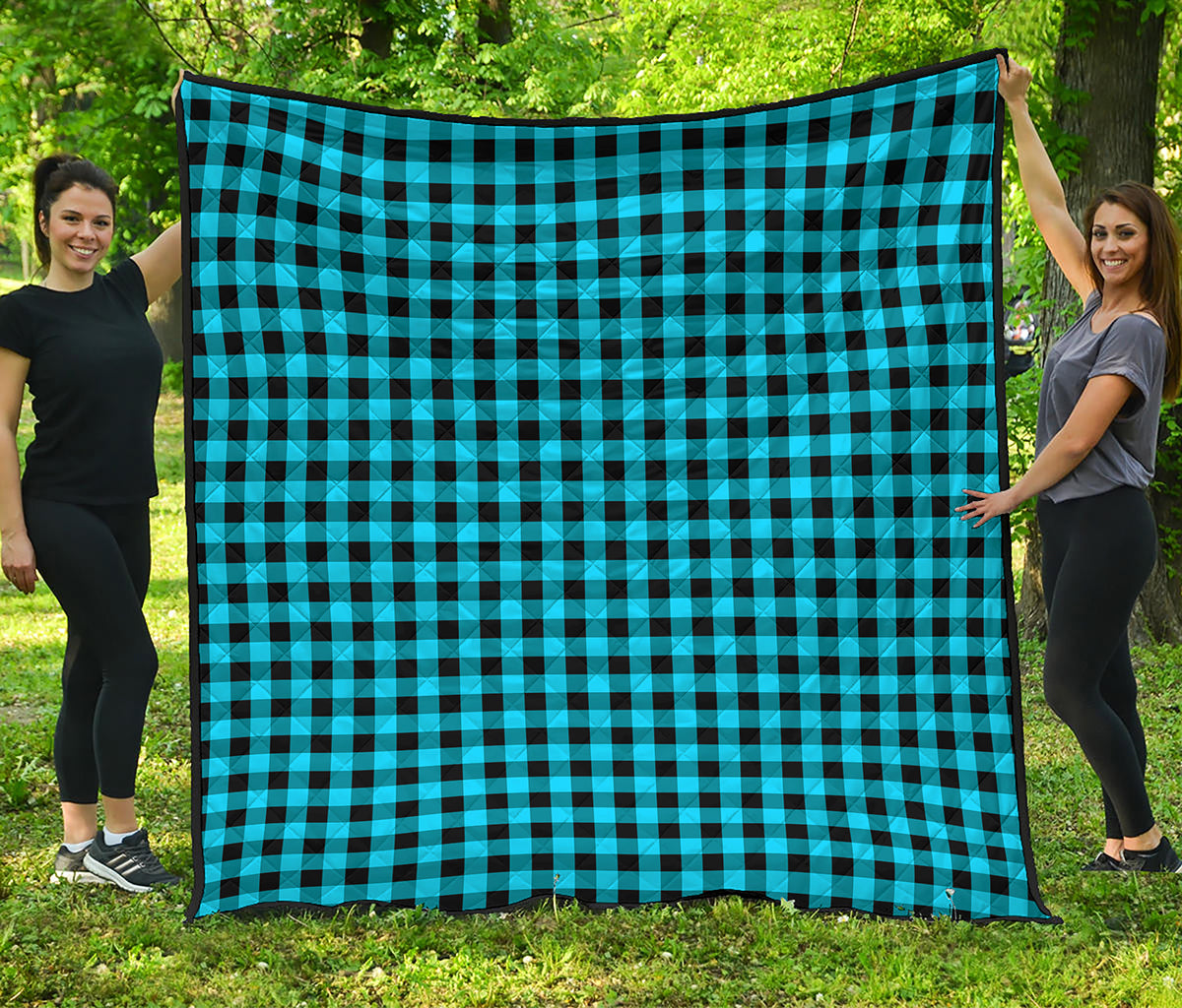 Turquoise And Black Check Pattern Print Quilt