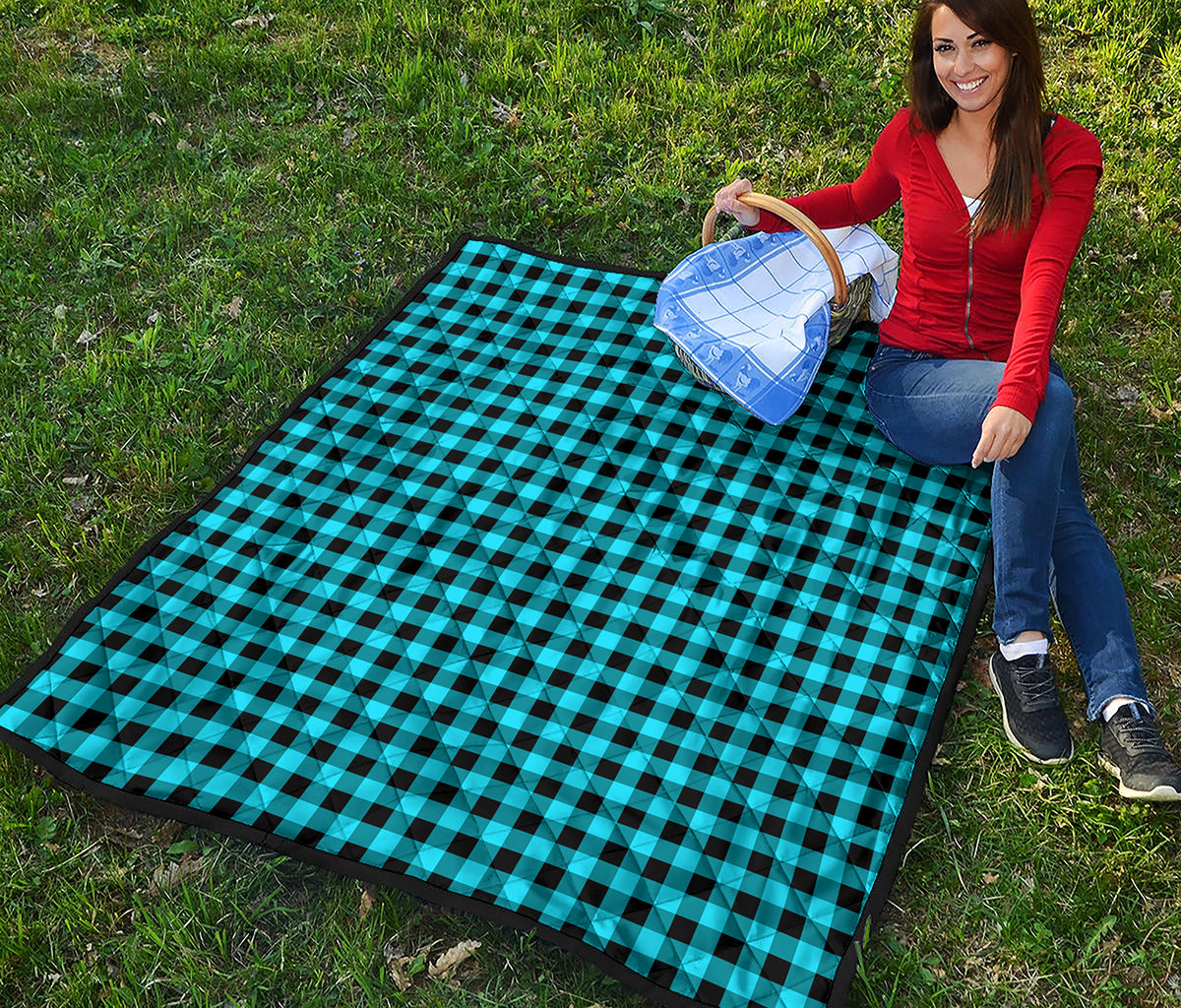 Turquoise And Black Check Pattern Print Quilt