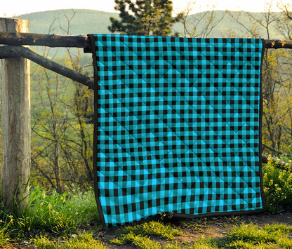 Turquoise And Black Check Pattern Print Quilt