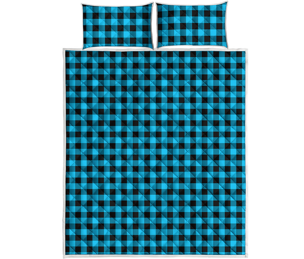 Turquoise And Black Check Pattern Print Quilt Bed Set