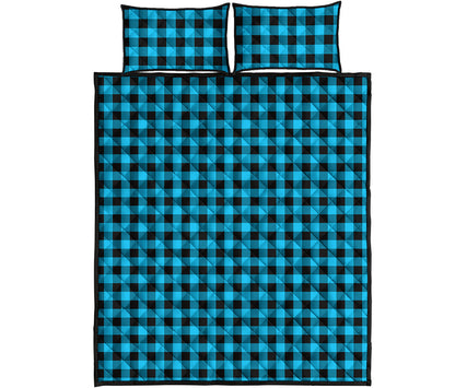 Turquoise And Black Check Pattern Print Quilt Bed Set