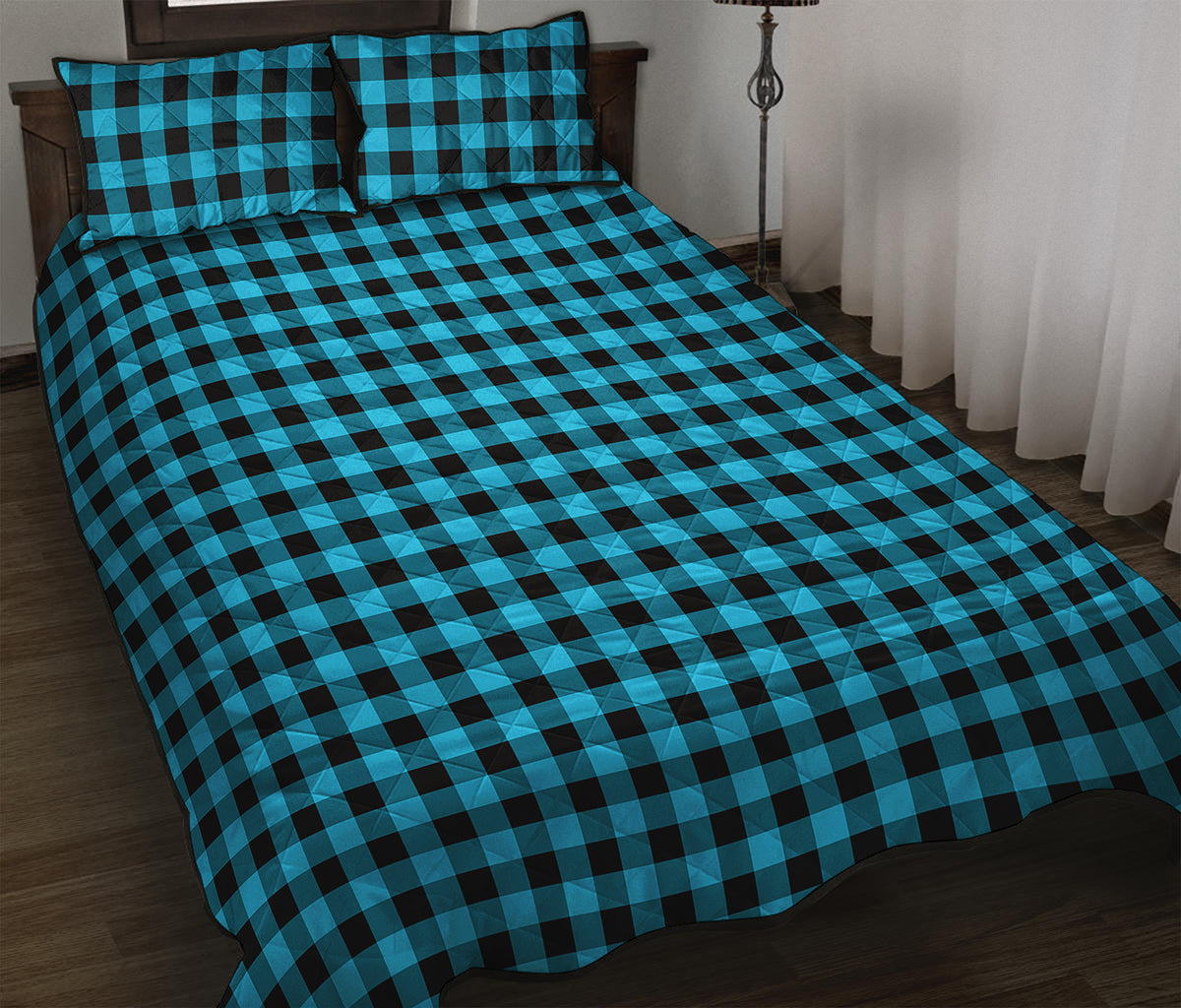Turquoise And Black Check Pattern Print Quilt Bed Set