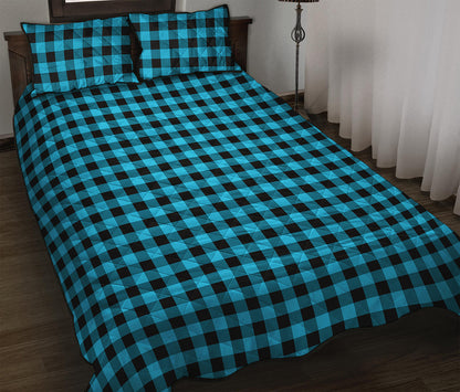 Turquoise And Black Check Pattern Print Quilt Bed Set