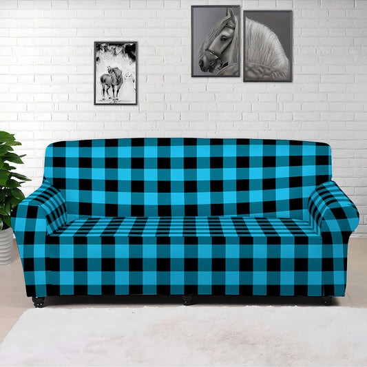 Turquoise And Black Check Pattern Print Sofa Cover