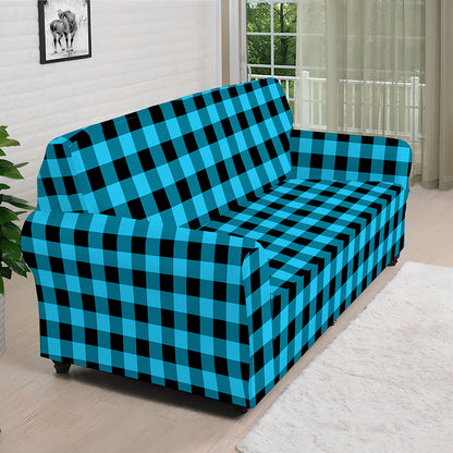 Turquoise And Black Check Pattern Print Sofa Cover