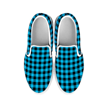 Turquoise And Black Check Pattern Print White Slip On Shoes
