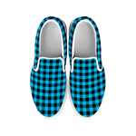 Turquoise And Black Check Pattern Print White Slip On Shoes