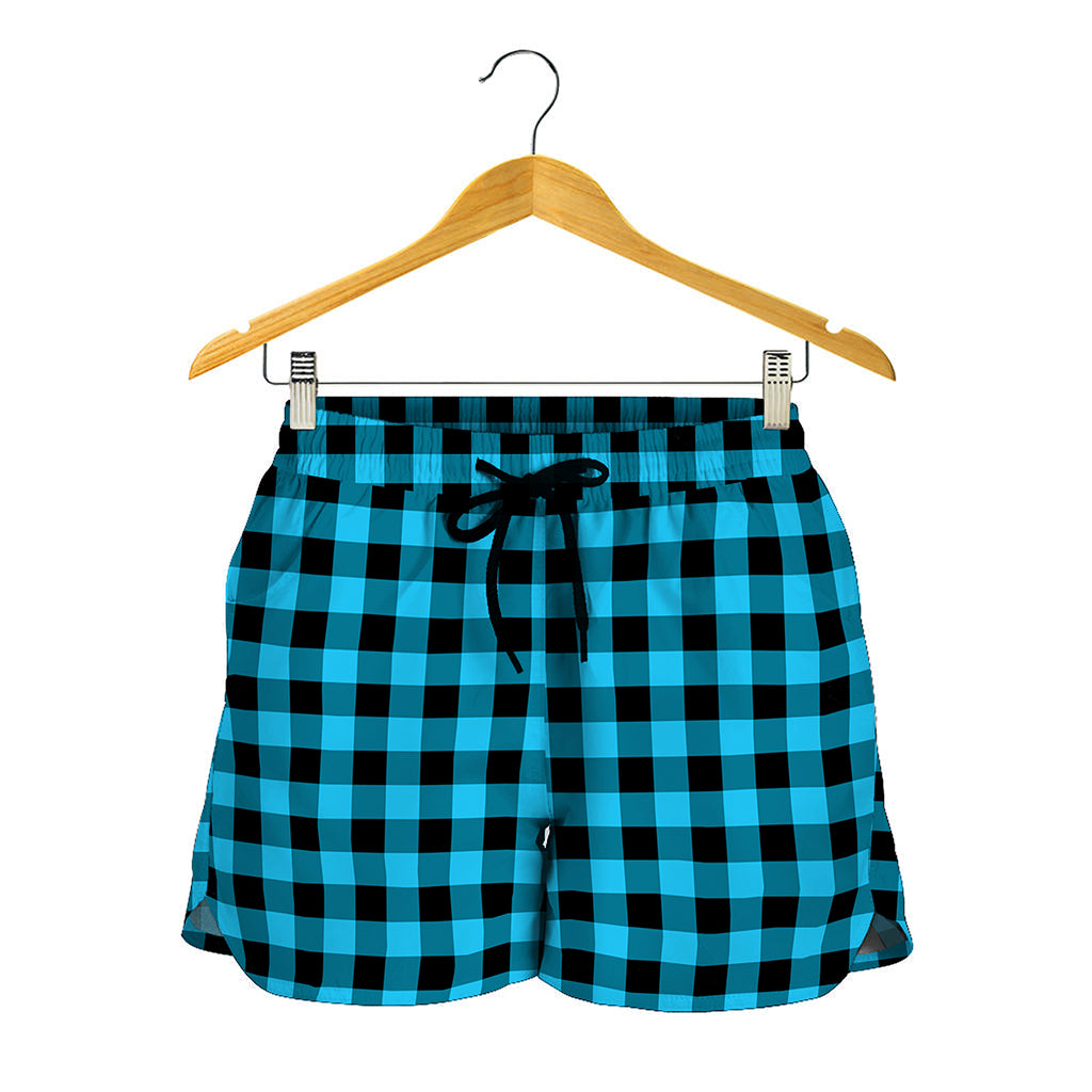 Turquoise And Black Check Pattern Print Women's Shorts