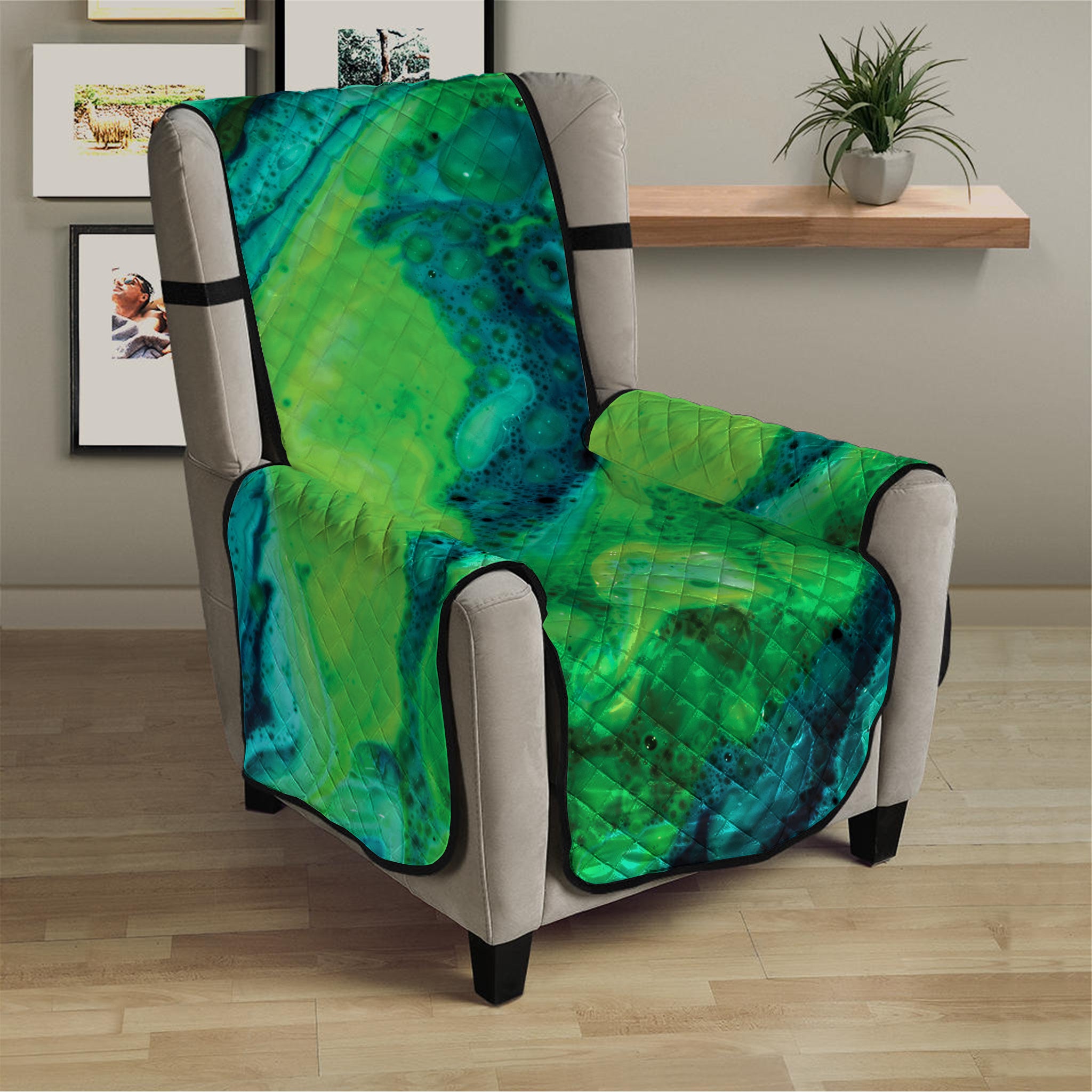 Turquoise And Green Acid Melt Print Armchair Protector