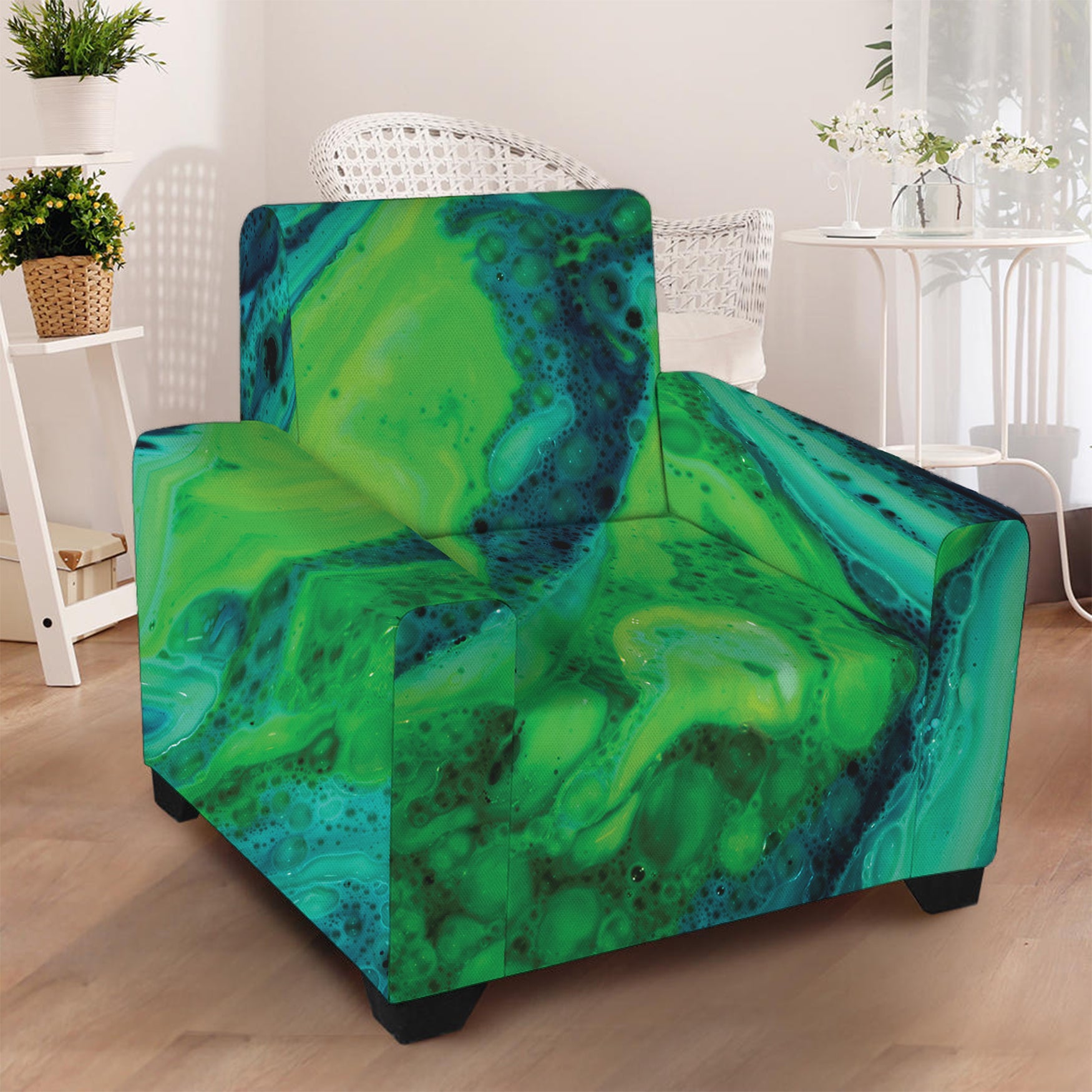 Turquoise And Green Acid Melt Print Armchair Slipcover