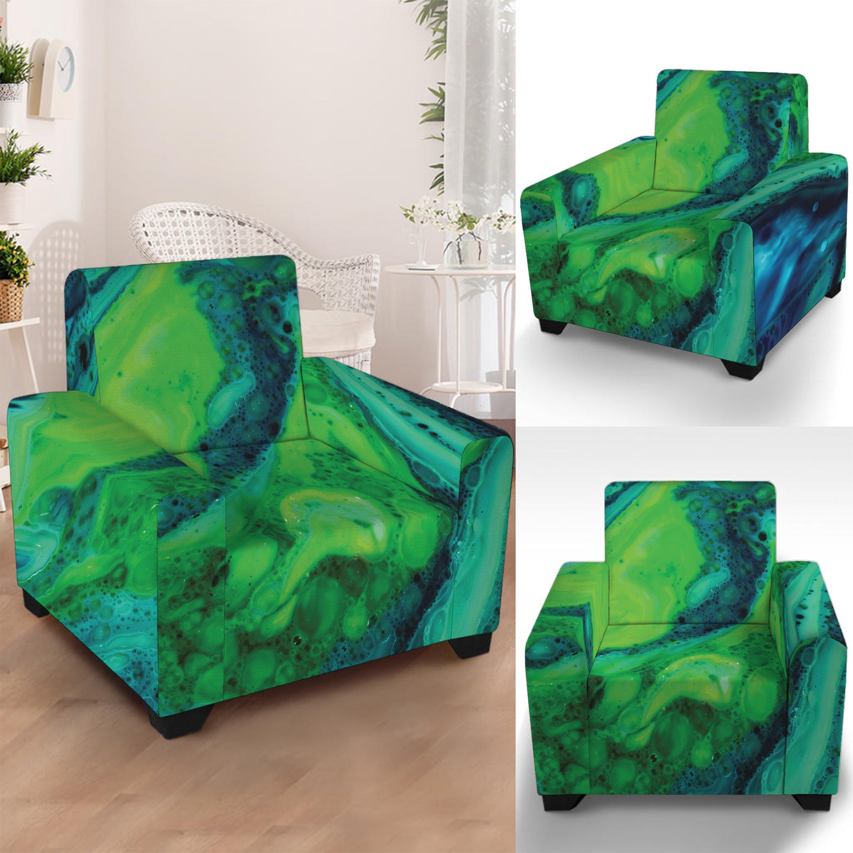 Turquoise And Green Acid Melt Print Armchair Slipcover