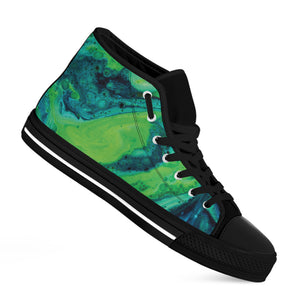 Turquoise And Green Acid Melt Print Black High Top Shoes