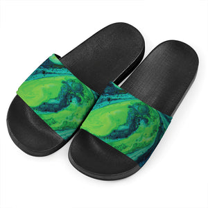 Turquoise And Green Acid Melt Print Black Slide Sandals