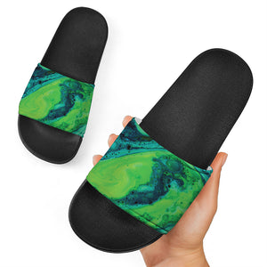 Turquoise And Green Acid Melt Print Black Slide Sandals