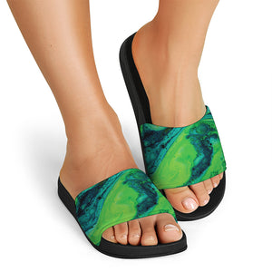 Turquoise And Green Acid Melt Print Black Slide Sandals