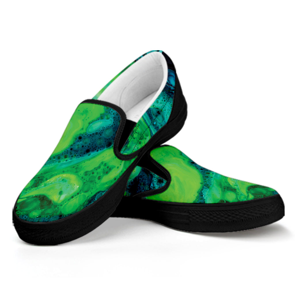 Turquoise And Green Acid Melt Print Black Slip On Shoes