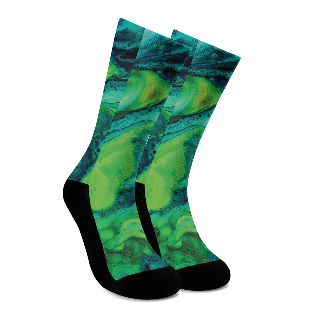Turquoise And Green Acid Melt Print Crew Socks
