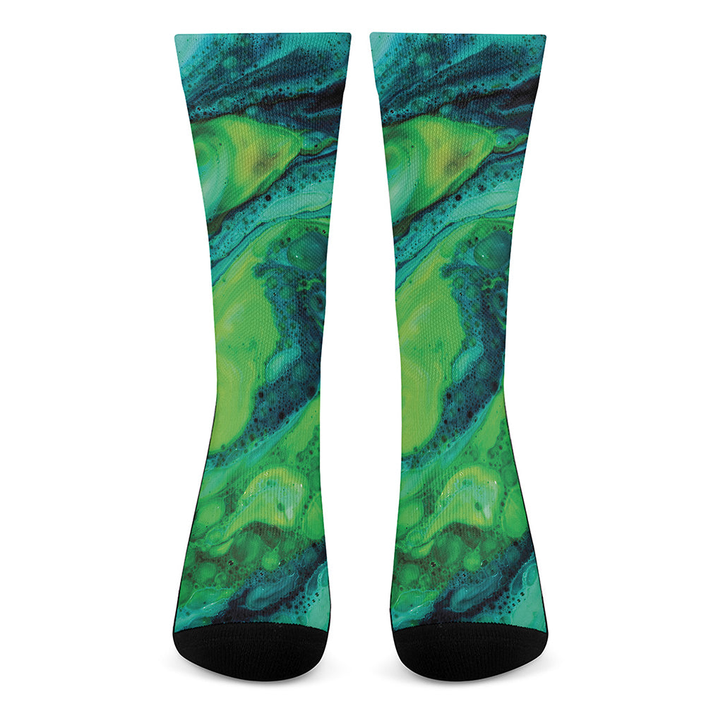 Turquoise And Green Acid Melt Print Crew Socks