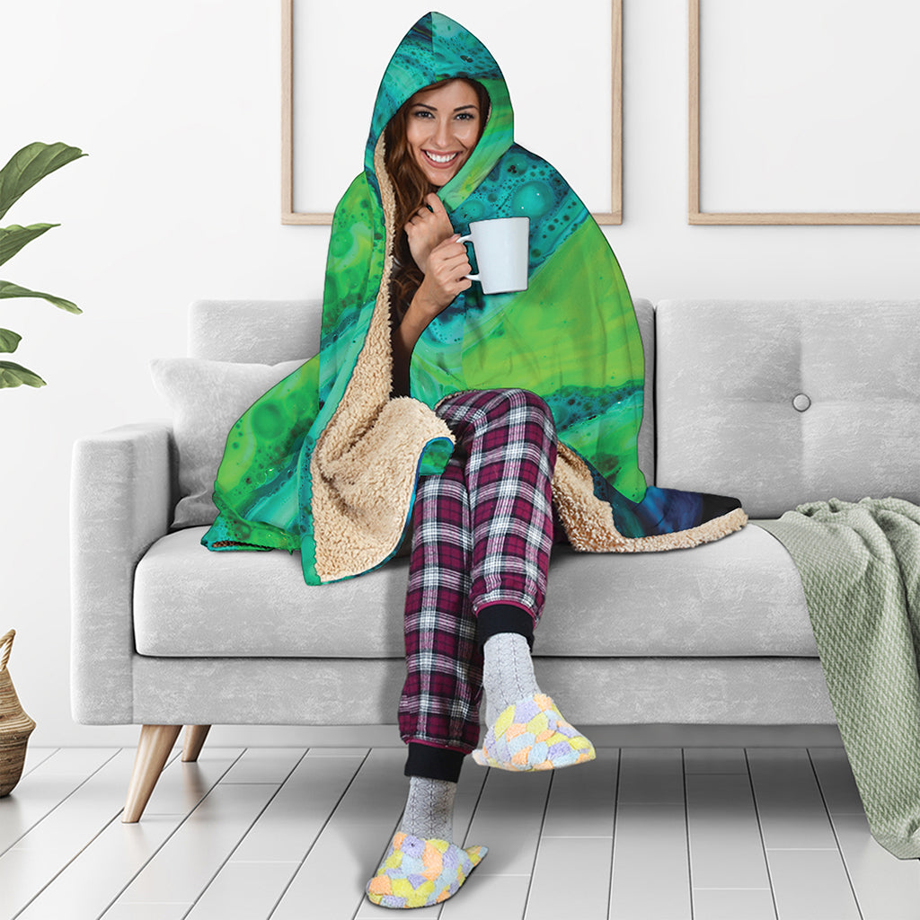 Turquoise And Green Acid Melt Print Hooded Blanket