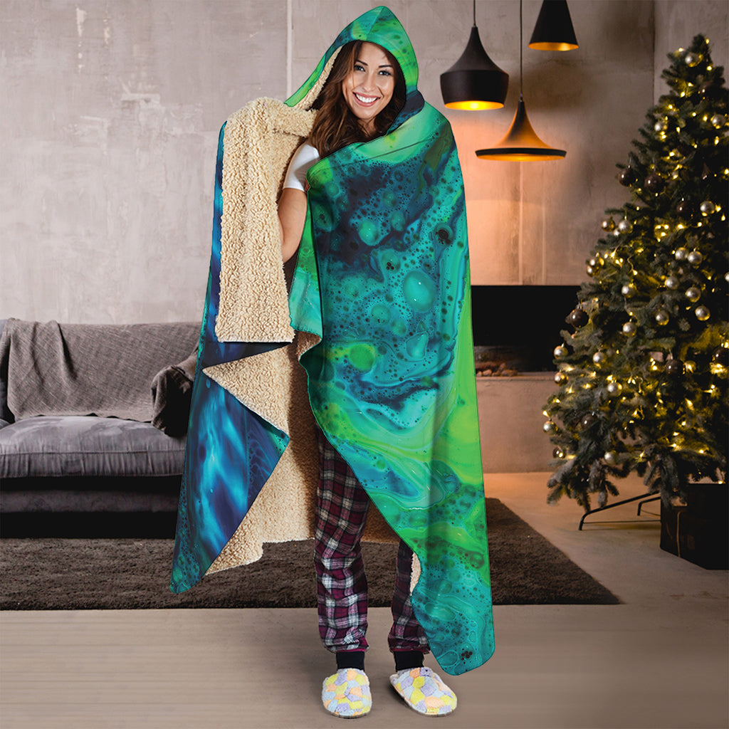 Turquoise And Green Acid Melt Print Hooded Blanket