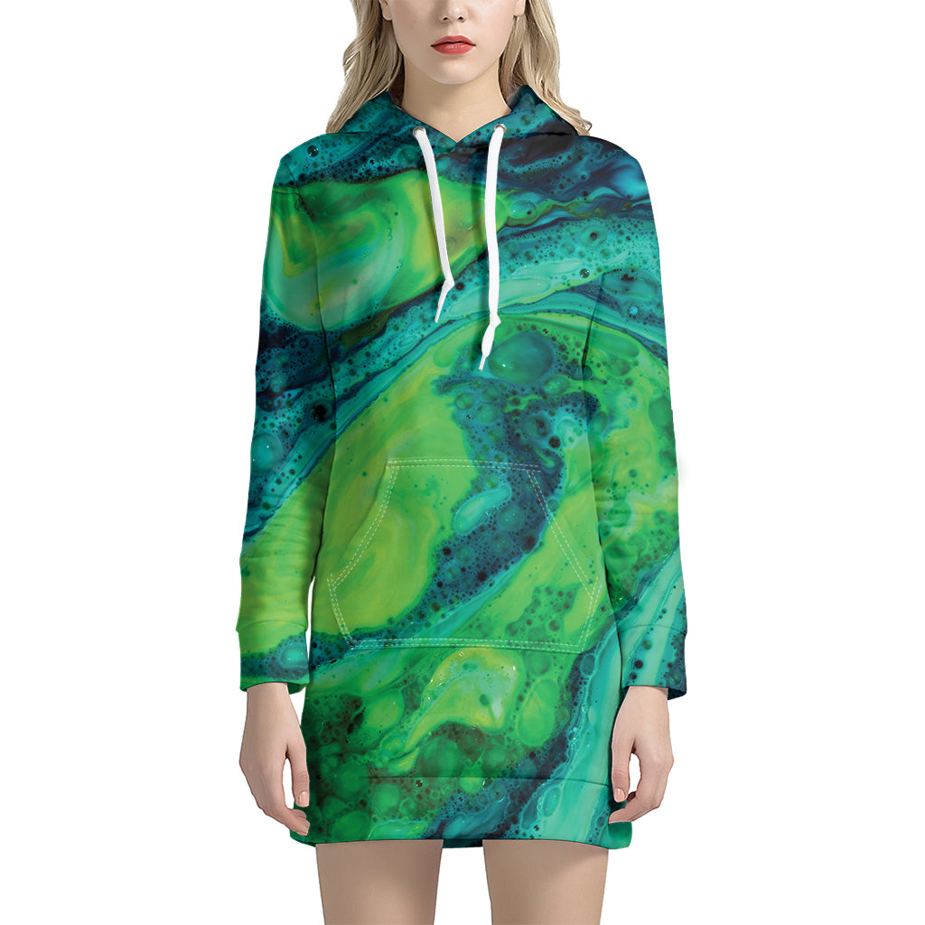 Turquoise And Green Acid Melt Print Hoodie Dress