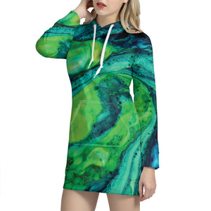 Turquoise And Green Acid Melt Print Hoodie Dress