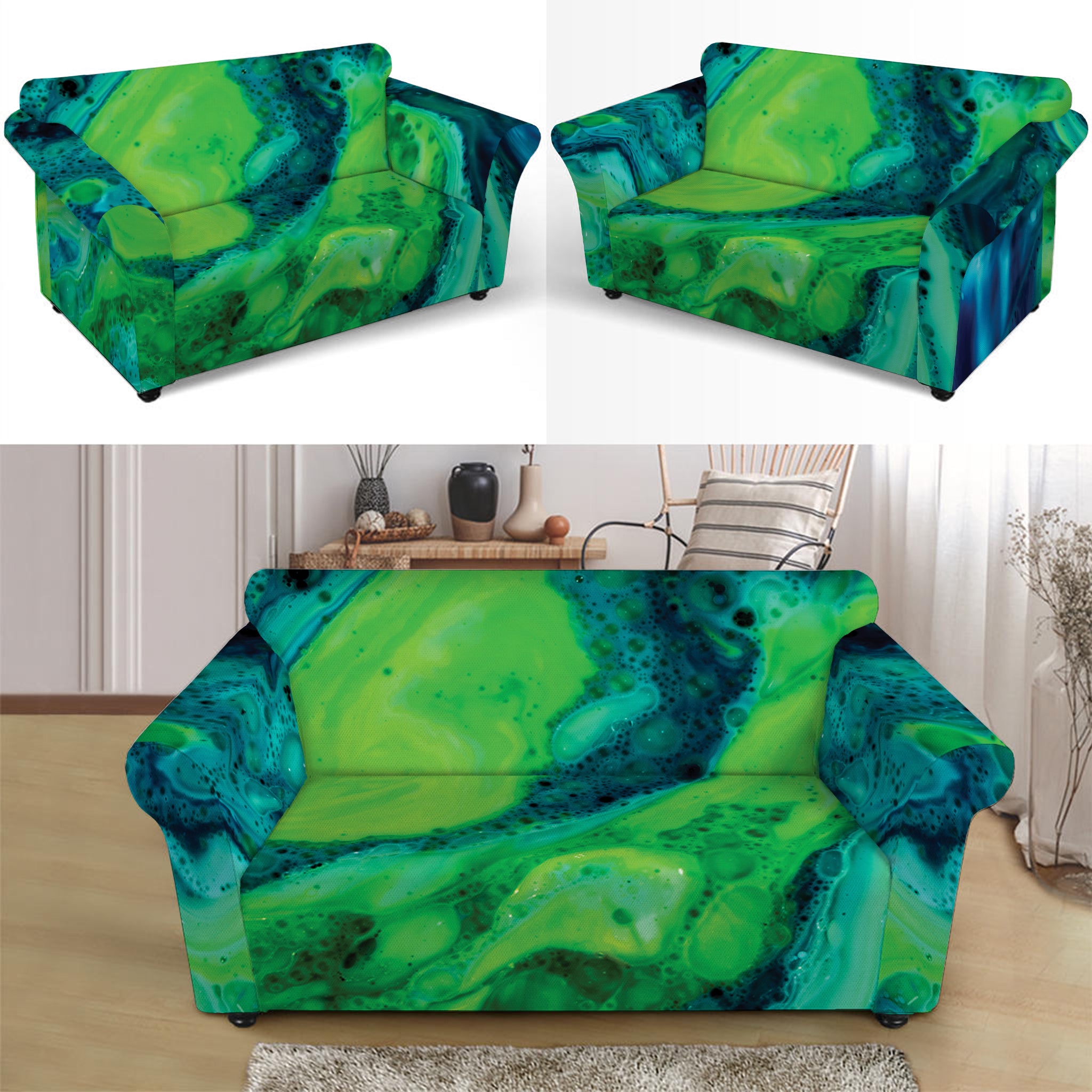 Turquoise And Green Acid Melt Print Loveseat Slipcover