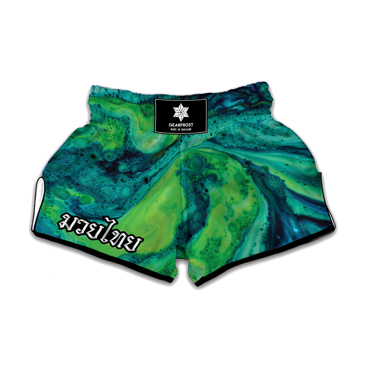 Turquoise And Green Acid Melt Print Muay Thai Boxing Shorts