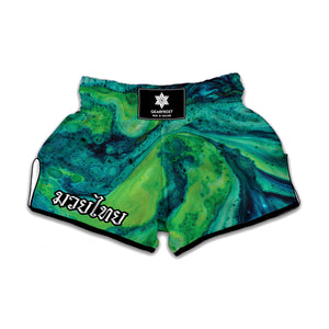 Turquoise And Green Acid Melt Print Muay Thai Boxing Shorts