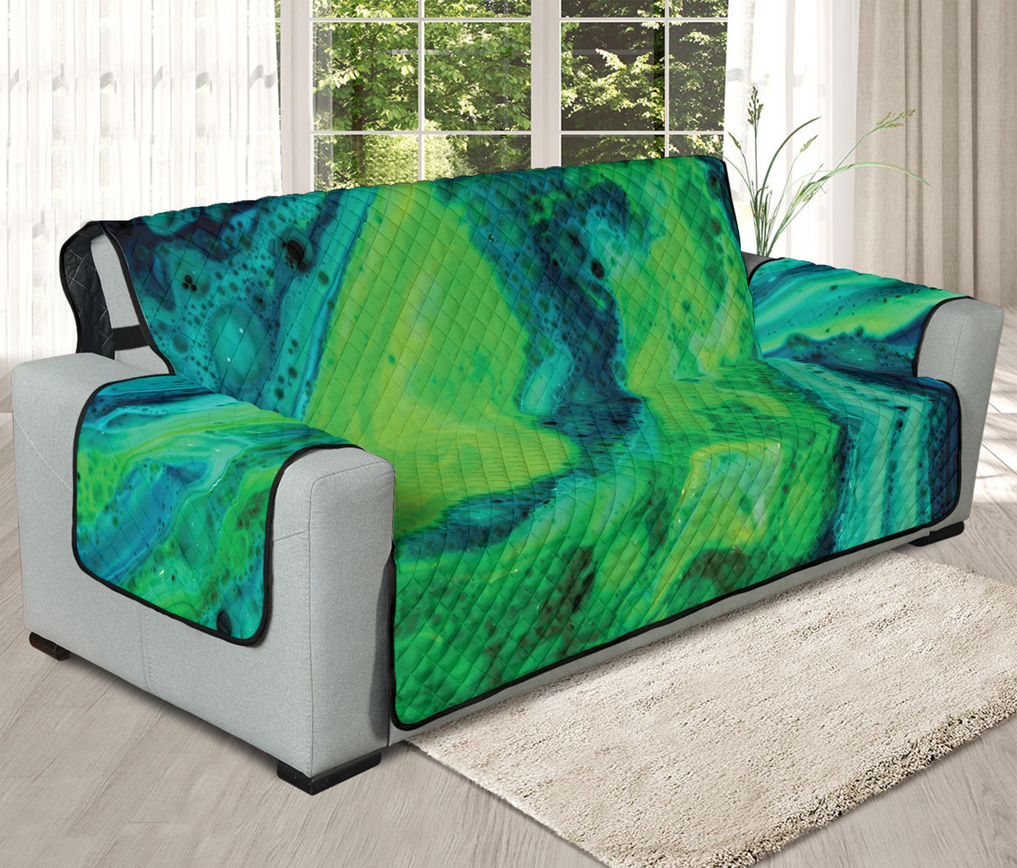 Turquoise And Green Acid Melt Print Oversized Sofa Protector