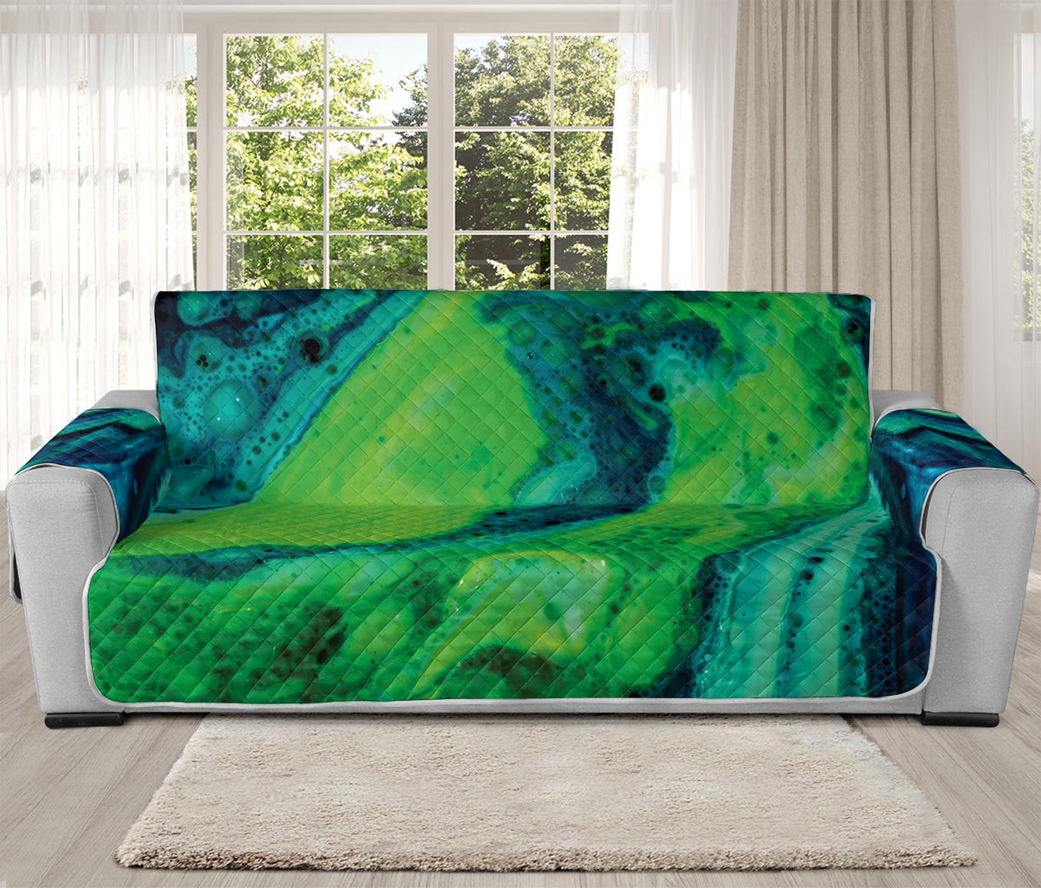 Turquoise And Green Acid Melt Print Oversized Sofa Protector