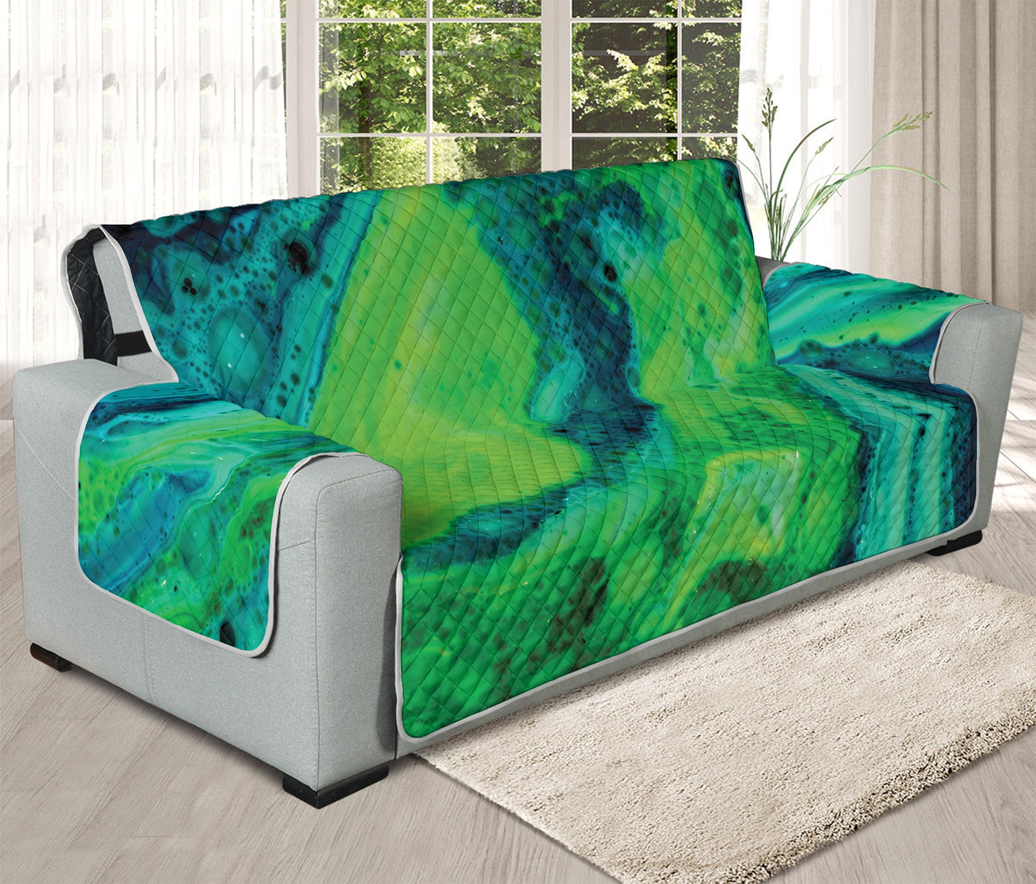 Turquoise And Green Acid Melt Print Oversized Sofa Protector