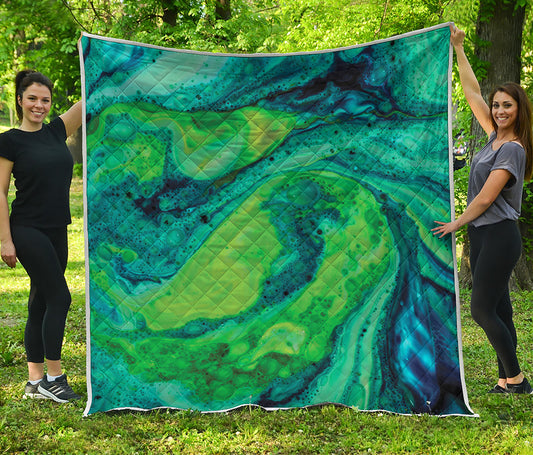 Turquoise And Green Acid Melt Print Quilt