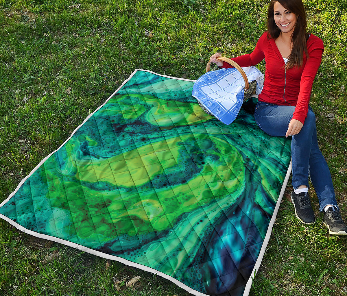 Turquoise And Green Acid Melt Print Quilt