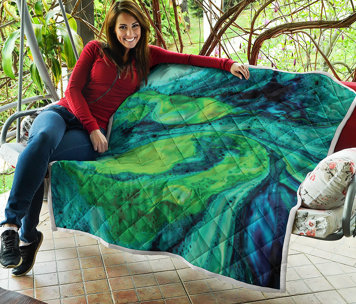 Turquoise And Green Acid Melt Print Quilt