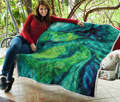 Turquoise And Green Acid Melt Print Quilt