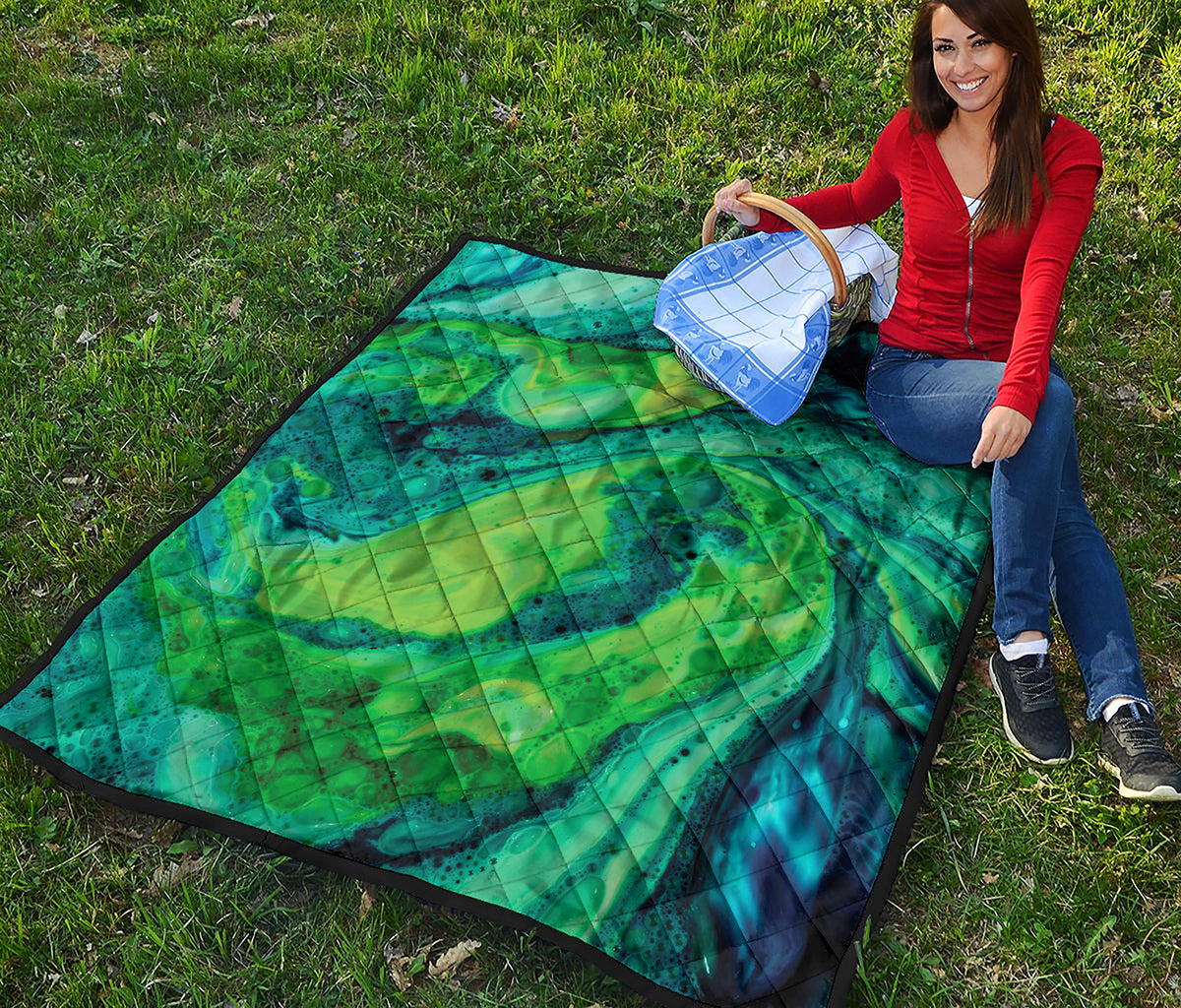 Turquoise And Green Acid Melt Print Quilt