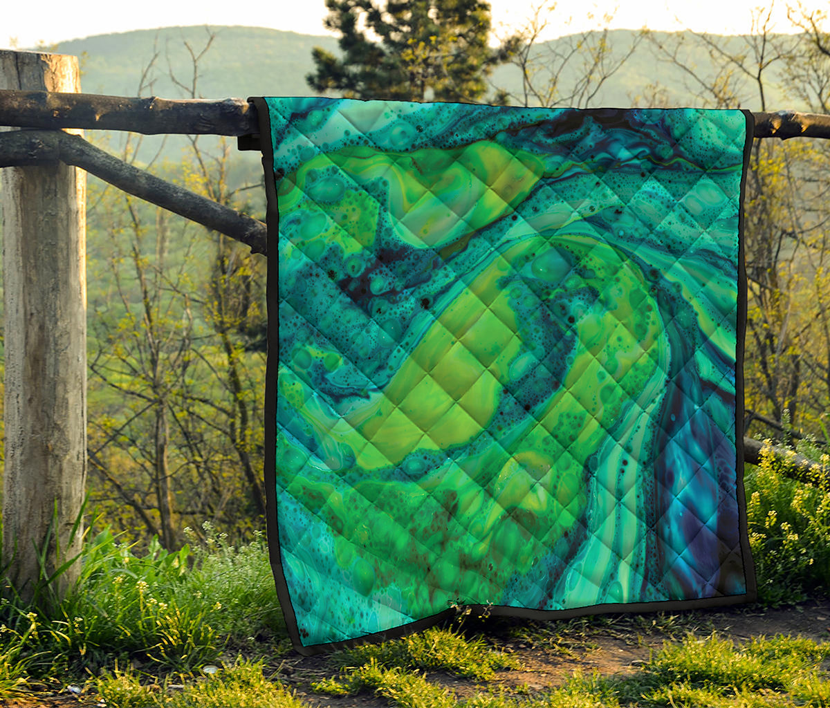Turquoise And Green Acid Melt Print Quilt