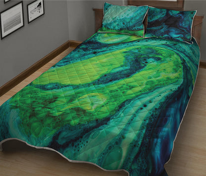 Turquoise And Green Acid Melt Print Quilt Bed Set